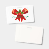 赤いリボンとホーリーの葉と赤い実のクリスマスデザイン バッジ (正面＆裏面)