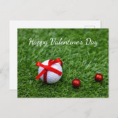赤いリボンとボールのバレンタイン付きゴルフボール シーズンポストカード (正面/裏面)