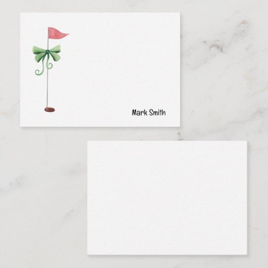 赤いリボンと名前の付いたゴルフフラグ ノートカード (正面/裏面)