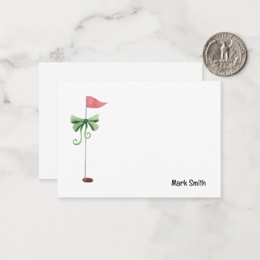 赤いリボンと名前の付いたゴルフフラグ ノートカード (正面/裏面インサイチュ)