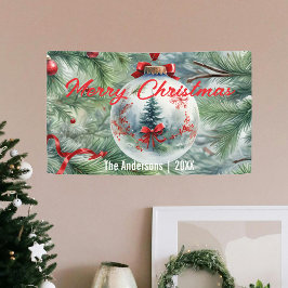 赤いリボンと松の枝の付いたクリスマスバウブル 横断幕