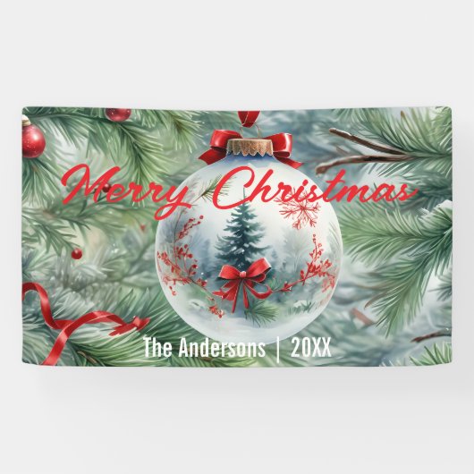 赤いリボンと松の枝の付いたクリスマスバウブル 横断幕 (横)