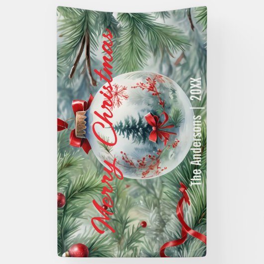 赤いリボンと松の枝の付いたクリスマスバウブル 横断幕 (縦)