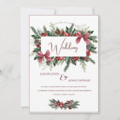 赤いリボンと松の花輪の冬の結婚式 招待状 (正面)