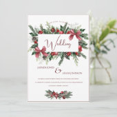 赤いリボンと松の花輪の冬の結婚式 招待状 (スタンド正面)