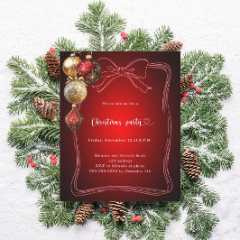 赤いリボンと金のオーナメントのクリスマスパーティー招待状