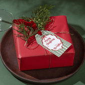 赤いリボンに緑のストライプのカスタムクリスマス ギフトタグ