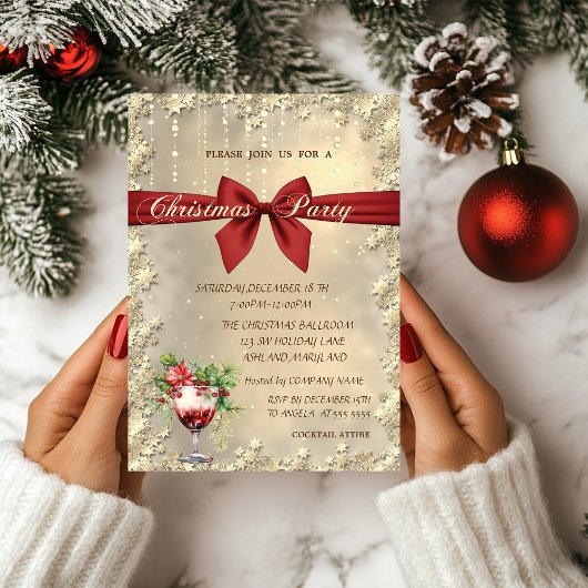 赤いリボンのカクテル ポインセチア クリスマスコーポレート 招待状
