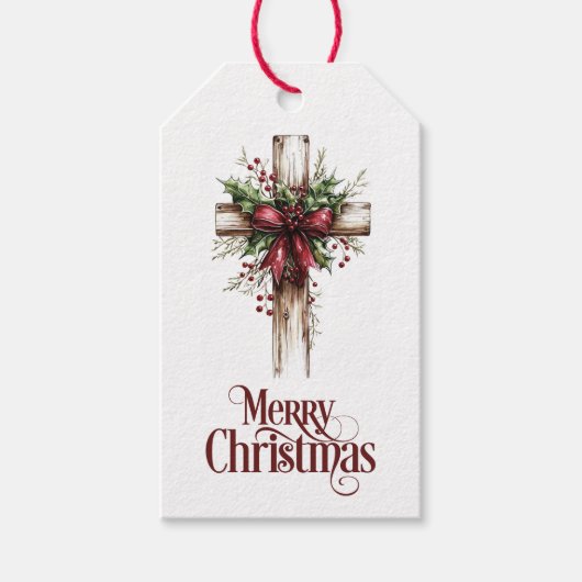 赤いリボンのクリスマスの十字架 ギフトタグ (正面)