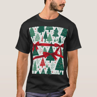 赤いリボンのクリスマスツリーパターン Tシャツ