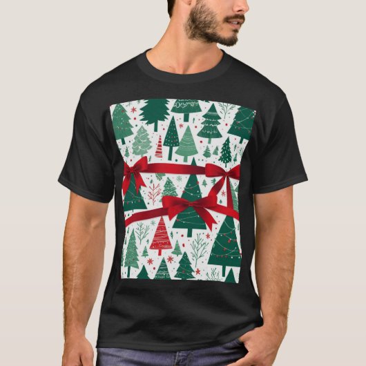 赤いリボンのクリスマスツリーパターン Tシャツ (正面)