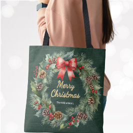 赤いリボンのクリスマスリースのオーダーメイド トートバッグ