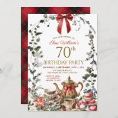 赤いリボンのクリスマス 女性 70歳の誕生日 ティーパーティー 招待状 (正面/裏面)