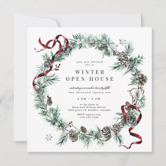 赤いリボンのグリーンリース スクエア オープンハウス 招待状 (正面)