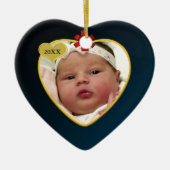 赤いリボンのダークブルー ベイビーのファーストクリスマス フォト セラミックオーナメント (正面)