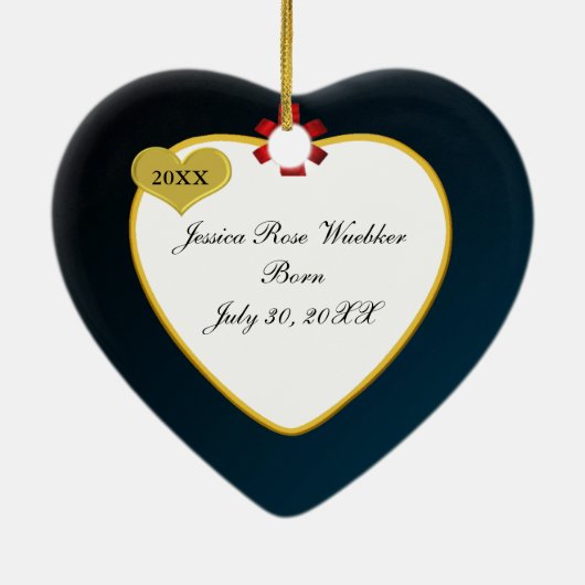 赤いリボンのダークブルー ベイビーのファーストクリスマス フォト セラミックオーナメント (裏面)