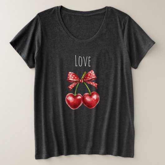 赤いリボンのチェリーハートの愛 プラスサイズTシャツ (デザイン正面)