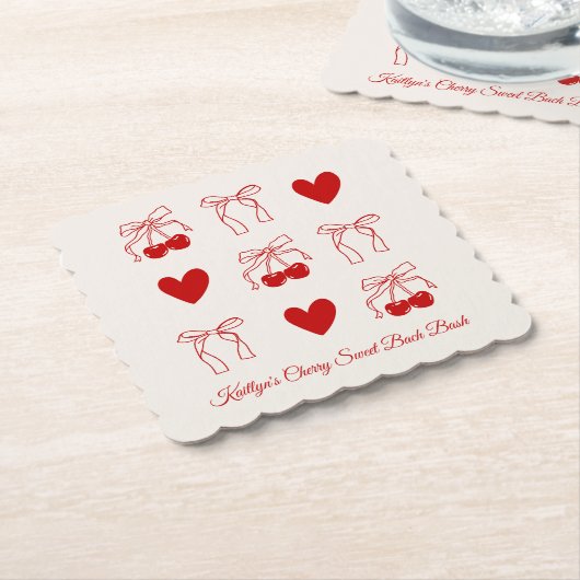赤いリボンのチェリー スイート ブライズメイド パーティー ペーパーコースター (アングル)