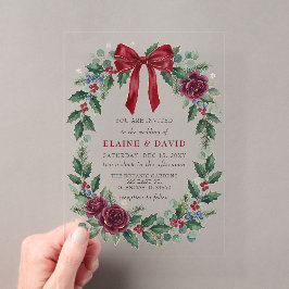 赤いリボンのフラワーの冬のクリスマスの結婚式 アクリル招待状
