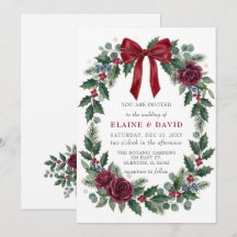 赤いリボンのフラワーの冬のクリスマスの結婚式 