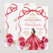 赤いリボンのフレームのプリンセス 金色のクラウンの少女 キンセアニエラ 招待状 (正面/裏面)