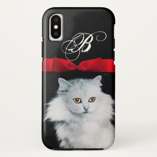 赤いリボンのモノグラムを持つ白猫の女王 Case-Mate iPhoneケース (裏面)