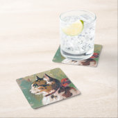 赤いリボンのヴィンテージのイラストレーションを含む猫 スクエアペーパーコースター (インサイチュ)