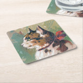 赤いリボンのヴィンテージのイラストレーションを含む猫 スクエアペーパーコースター (アングル)