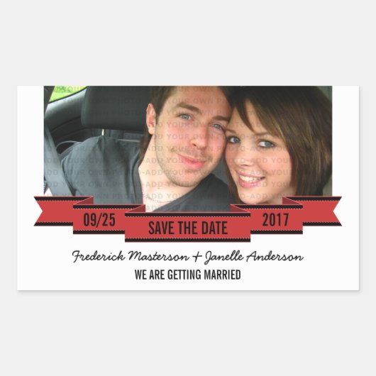 赤いリボンの写真Save the Date Stickers 長方形シール (正面)