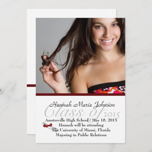 赤いリボンの卒業生の写真の発表 案内状 (正面/裏面)