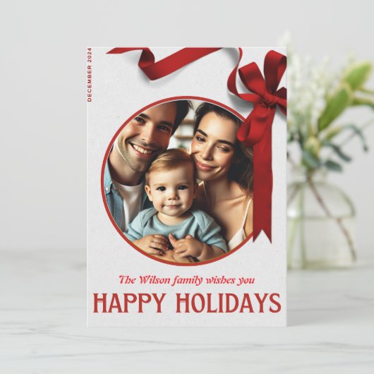赤いリボンの喜びと家族のクリスマスカード 招待状 (スタンド正面)