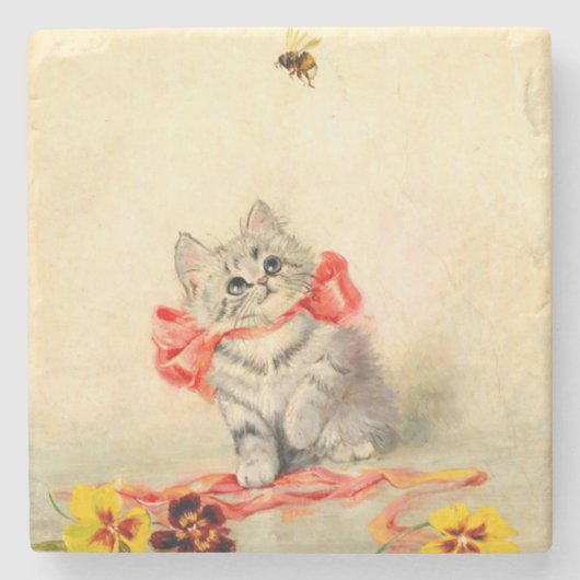 赤いリボンの子猫 ストーンコースター (正面)