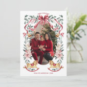 赤いリボンの植物画クリスマスの揺れる馬の写真 シーズンカード (スタンド正面)