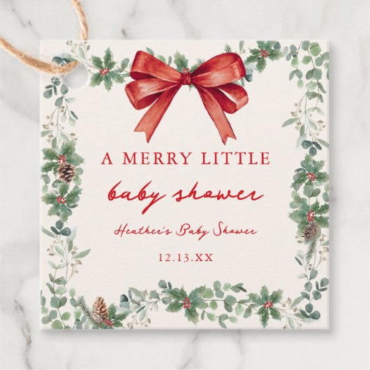 赤いリボンの楽しいクリスマスベイビーシャワー フェイバータグ (正面)