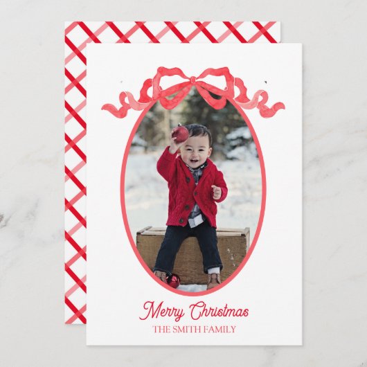 赤いリボンの水彩ホリデー タグ カード (正面/裏面)