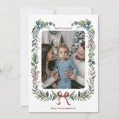 赤いリボンの水彩画の花輪のクリスマス写真 シーズンカード (正面)