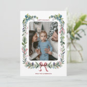 赤いリボンの水彩画の花輪のクリスマス写真 シーズンカード (スタンド正面)