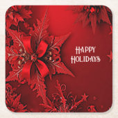 赤いリボンの花模様のホリデーシーズン クリスマス ペーパーコースター (正面)