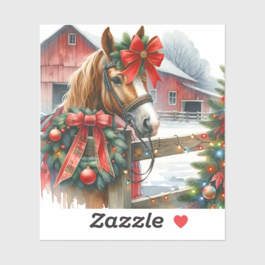 赤いリボンの茶色の馬のクリスマス シール (シート)