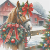 赤いリボンの茶色の馬のクリスマス シール (正面)