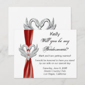 赤いリボンの銀の白鳥の花嫁のカード 招待状 (正面/裏面)