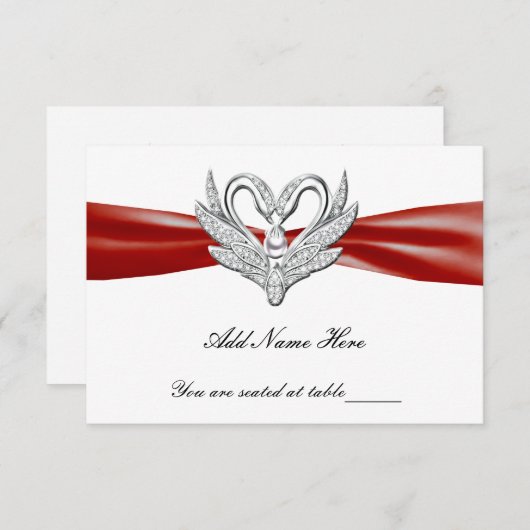 赤いリボンの銀の白鳥 テーブルプレイスカード 招待状 (正面/裏面)