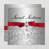 赤いリボンの銀花パターンSweet sixteen 招待状 (正面/裏面)
