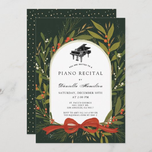 赤いリボンの wreath ピアノ ホワイト リサイタル 招待状 (正面/裏面)