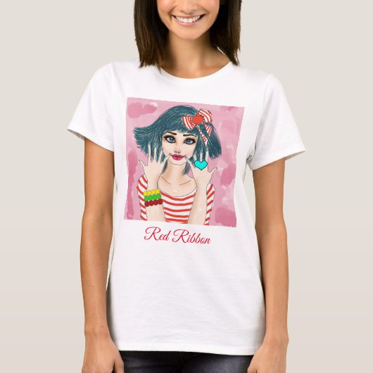 赤いリボンのTシャツを着た女の子 Tシャツ (正面)