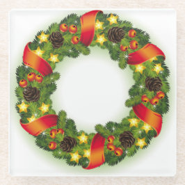赤いリボンを持つ緑の常緑クリスマスリース ガラスコースター