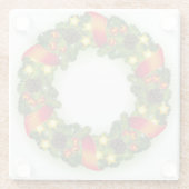 赤いリボンを持つ緑の常緑クリスマスリース ガラスコースター (裏面)