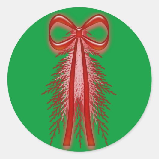 赤いリボンエバーグリーンホリデーエンベロープステッカー ラウンドシール (正面)