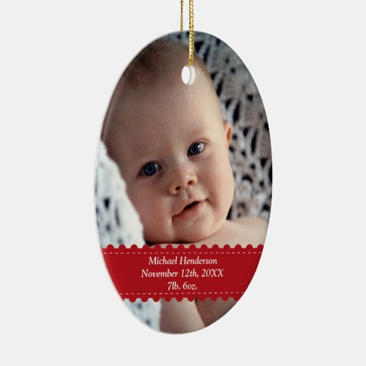 赤いリボンカスタム写真ベビー子誕生統計 セラミックオーナメント (右)