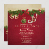 赤いリボンクリスマスオーナメントブライダルシャワー 招待状 (正面/裏面)